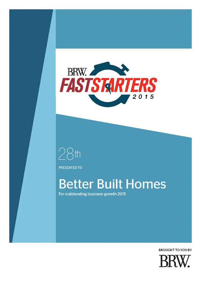 Better Built Homes BRW Fast Starters Award Certificate